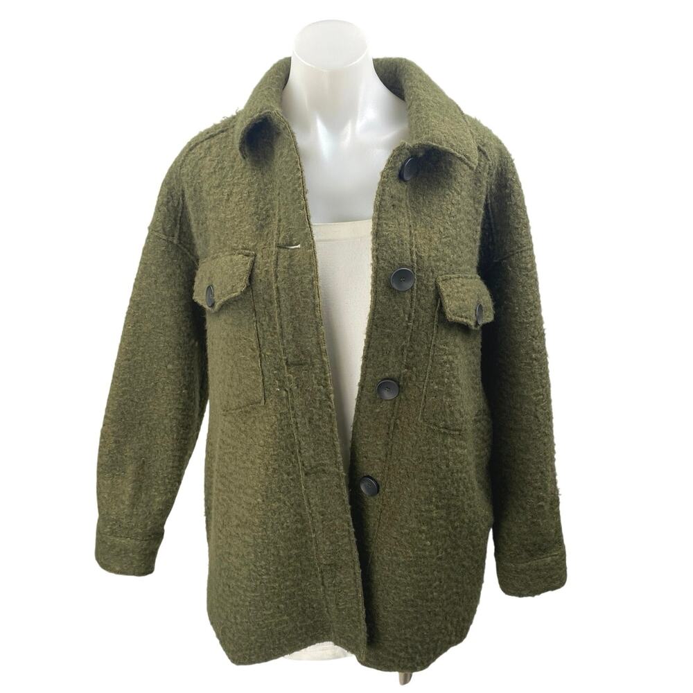 Zara Army Green Soft Flannel Button Down Collared Long Sleeve Coat Jacket Sz XS